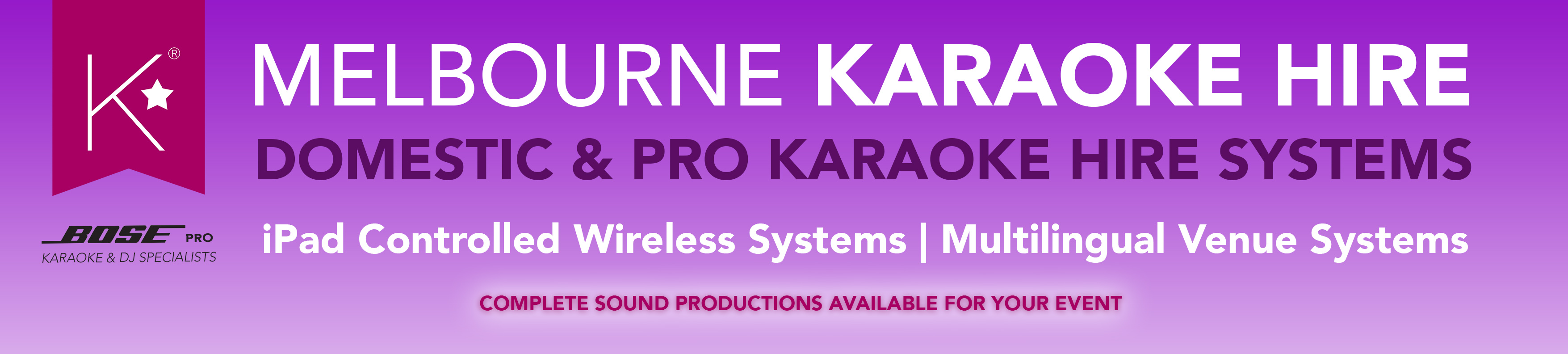 Melbourne Karaoke Hire, karaoke systems for parties, weddings, functions. Battery powered, bluetooth, wireless microphones available. Call for custom options. Bose Pro Specialists!